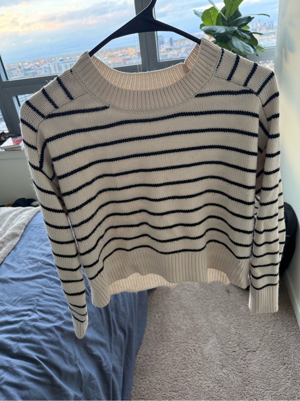 Tahari Cream and Black Striped Crewneck Sweater